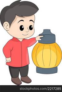 illustration of Chinese New Year celebration, boy carrying a lantern wearing traditional clothes, cartoon flat illustration