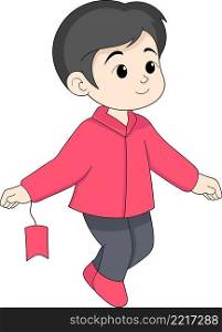 illustration of Chinese New Year celebration, boy walking happily carrying a charm bracelet, cartoon flat illustration