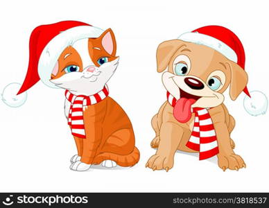 Illustration of Christmas puppy and kitten