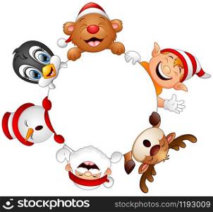 Illustration of Christmas round frame with Santa, elf, snowman, reindeer, bear and penguin