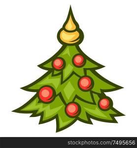 Illustration of Christmas tree with decorations. Stylized flat icon.. Illustration of Christmas tree with decorations.