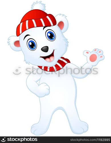 illustration of Christmas white polar bear cartoon waving hands