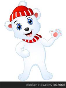 illustration of Christmas white polar bear cartoon waving hands