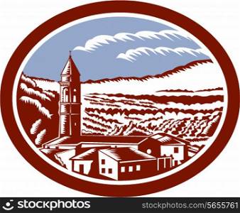 Illustration of church belfry tower in Tuscany, Italy with surrounding houses and landscape set inside oval done in retro woodcut style.