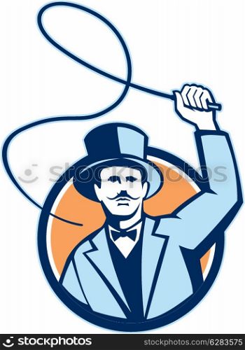 Illustration of circus ringleader ringmaster ring leader wearing bow tie suit wielding a whip set inside circle.. Ringleader Ringmaster Whip Circle Retro