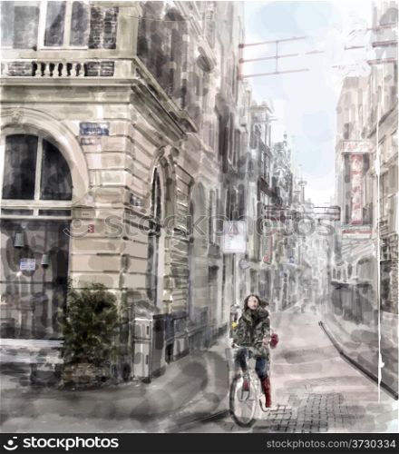 Illustration of city street. Girl riding on the bicycle. Watercolor style.