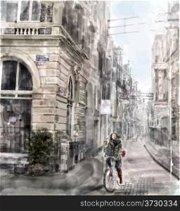 Illustration of city street. Girl riding on the bicycle. Watercolor style.