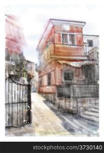 Illustration of city street. Watercolor style.