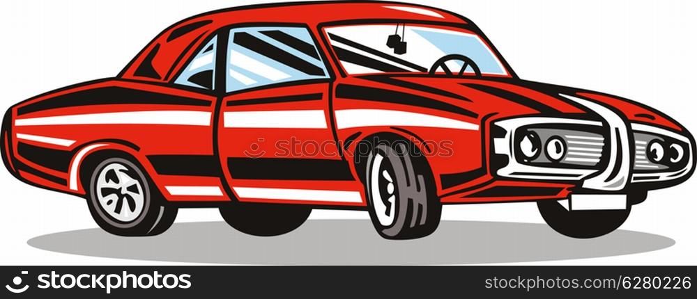 Illustration of classic red car in retro style.