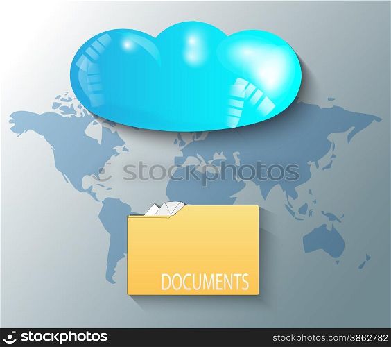 Illustration of cloud with world map and documents
