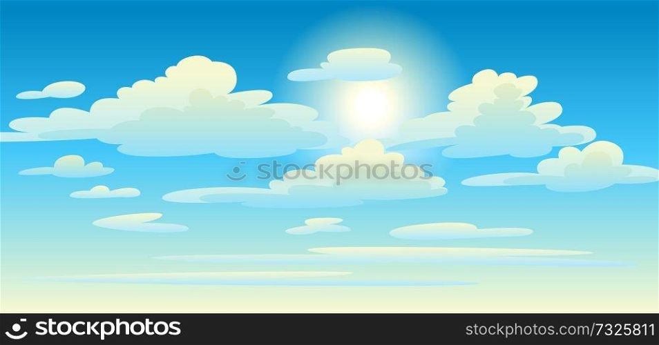 Illustration of clouds in sky. Card or background with heaven and sunny day.. Illustration of clouds in sky.