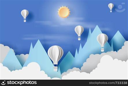 Illustration of cloudscape mountain view with hot air white balloons float up in the blue sky sunlight on paper art. Landscape view scene for vacation in holiday. Paper cut and craft. vector EPS10