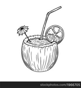 Illustration of coconut shell with cocktail. Design element for poster, card, banner, menu. Vector illustration