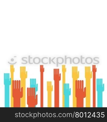 Illustration of colorful hands raising on white background