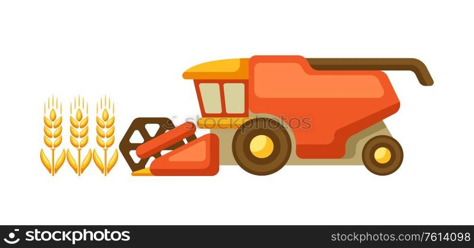 Illustration of combine harvester with ripe wheat ears. Agricultural emblem.. Illustration of combine harvester with ripe wheat ears.