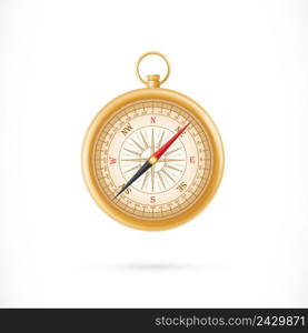 Illustration of compass in golden case. Destination, cardinal point, tool. Travelling concept. Can be used for topics like geography, navigation, retro device.