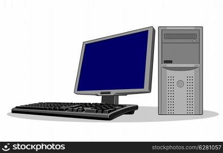 Illustration of computer flatscreen monitor with keyboard set on white background done in retro style. . Computer Monitor with Keyboard