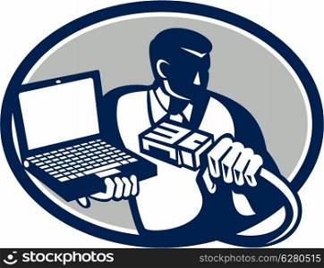 Illustration of computer technician repairman geek holding network cable and laptop notebook computer done in retro style.. Computer Technician Holding Laptop Cable Retro