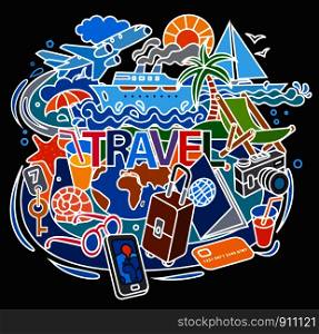 illustration of concept doodle for travel, journey and tourism around the world. concept doodle for travel