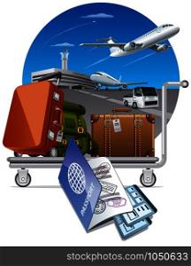illustration of concept travel by the airplane, luggage on trolley in airport and passport with tickets. luggage on trolley in airport