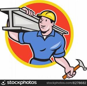 Illustration of construction steel worker carpenter carrying i-beam girder on shoulder set inside circle on isolated white background done in cartoon style.. Construction Steel Worker Carry I-Beam Circle Cartoon