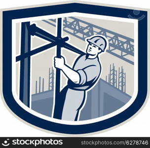 Illustration of construction worker climbing on scaffolding with buildings in background set inside shield crest shape on isolated background done in retro style.. Construction Worker Climbing Scaffolding Shield Retro