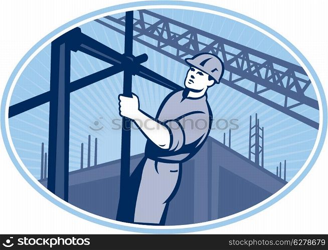 Illustration of construction worker working on scaffolding with buildings in background set inside oval done in retro style.