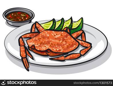 illustration of cooked crab on plate with lime and sauce. cooked crab on plate