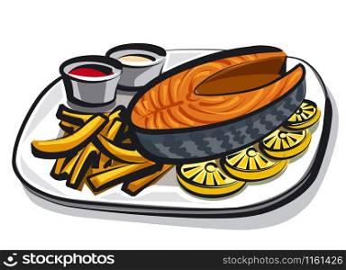 illustration of cooked salmon with fries on plate. cooked fried salmon