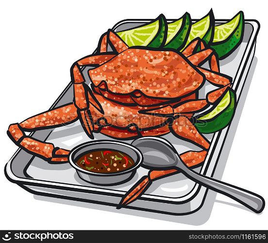 illustration of cooked seafood crabs with lime and sauce. cooked seafood crabs