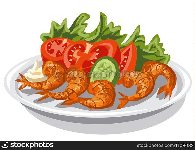 illustration of cooked shrimps with vegetables salad on plate. shrimps with salad