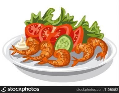 illustration of cooked shrimps with vegetables salad on plate. shrimps with salad