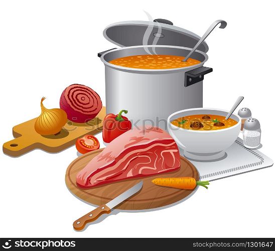 illustration of cooking hot soup with ingredients, meat and vegetables. cooking hot soup