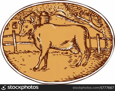 Illustration of cow facing side with ranch house farm mountain sun trees in the background set inside oval shape done in retro woodcut style. . Cow Ranch Farm House Oval Woodcut