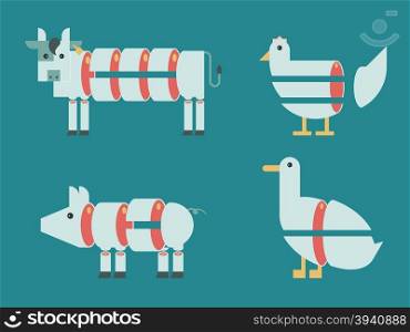 Illustration of Cow, pig, chicken and duck with graphic meat cut