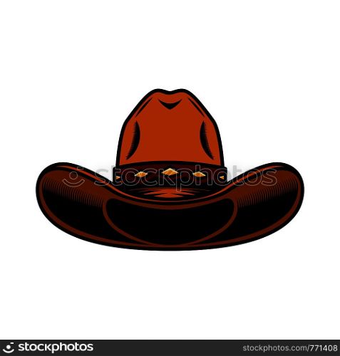 Illustration of cowboy hat isolated on white background. Design element for poster, card, banner, sign, emblem, label. Vector illustration