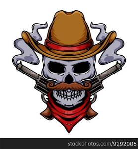 Illustration of cowboy human skull character with crossed pistols. Cowboy skull graphic character