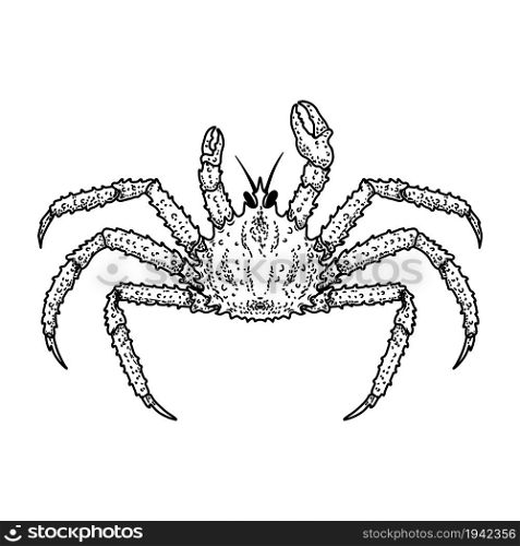 Illustration of crab in engraving style. Design element for logo, emblem, sign, poster, card, banner. Vector illustration