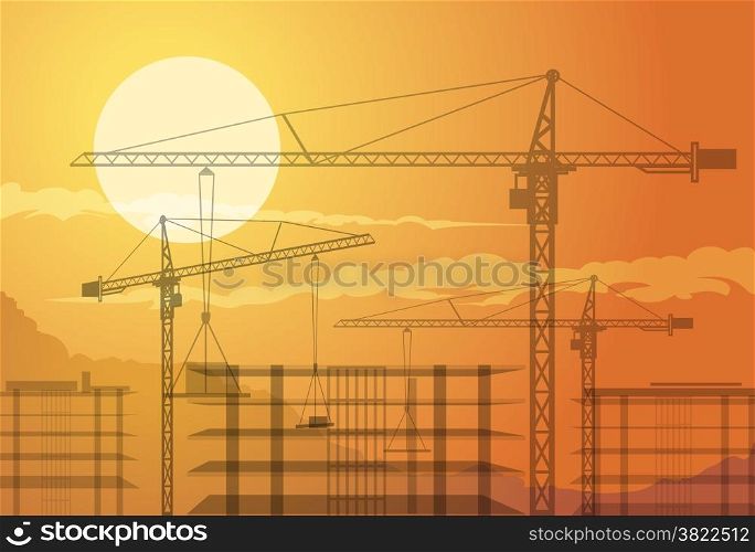 Illustration of cranes in house building area.
