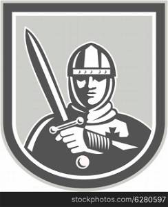 Illustration of crusader knight in full armor brandishing a sword set inside shield crest facing front on isolated background done in retro style.. Crusader Knight With Sword Front Crest