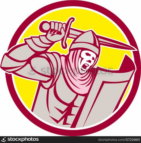 Illustration of crusader knight in full armor with shield brandishing wielding a sword set inside circle on isolated background done in retro style.