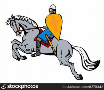 Illustration of crusader knight with armor and shield riding on horse horseback isolated on white background done in retro style. . Crusader on Horse
