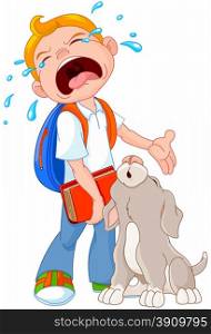 Illustration of crying boy with dog walking to school