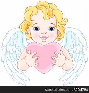 Illustration of cute angel holds heart