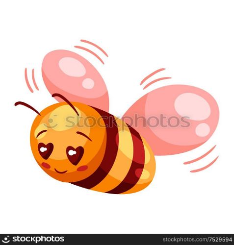 Illustration of cute bee in love. Valentine Day symbol. Kawaii character with eyes hearts.. Illustration of cute bee in love. Valentine Day symbol.