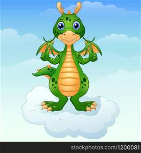 illustration of Cute cartoon green dragon giving thumbs up on the cloud