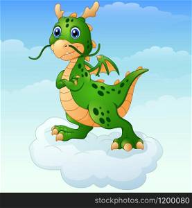 illustration of Cute cartoon green dragon posing on the cloud