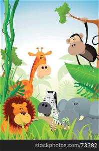 Illustration of cute cartoon wild animals from african savannah, including lion, elephant,giraffe, gazelle, monkey and zebra on jungle background. Wild Animals Background
