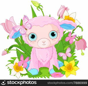Illustration of cute cub sheep sits in bunch of flowers
