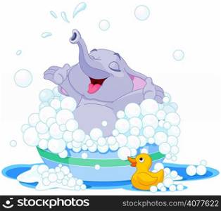 Illustration of cute elephant takes bath into basin